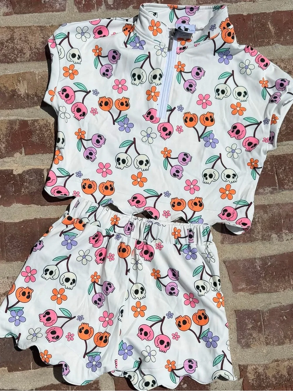 Kids White Floral & Skull Print Athletic Set - Pink, Orange, Purple